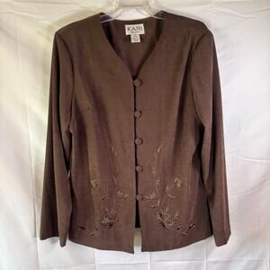 Kari New York Jacket Brown w/embroidered Flowers Women's Size 16 Boho